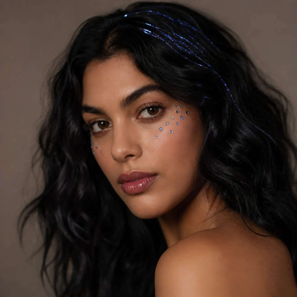 Three-quarter view of blue-black hair with sapphire-blue tinsel adding cool jewel-toned shine