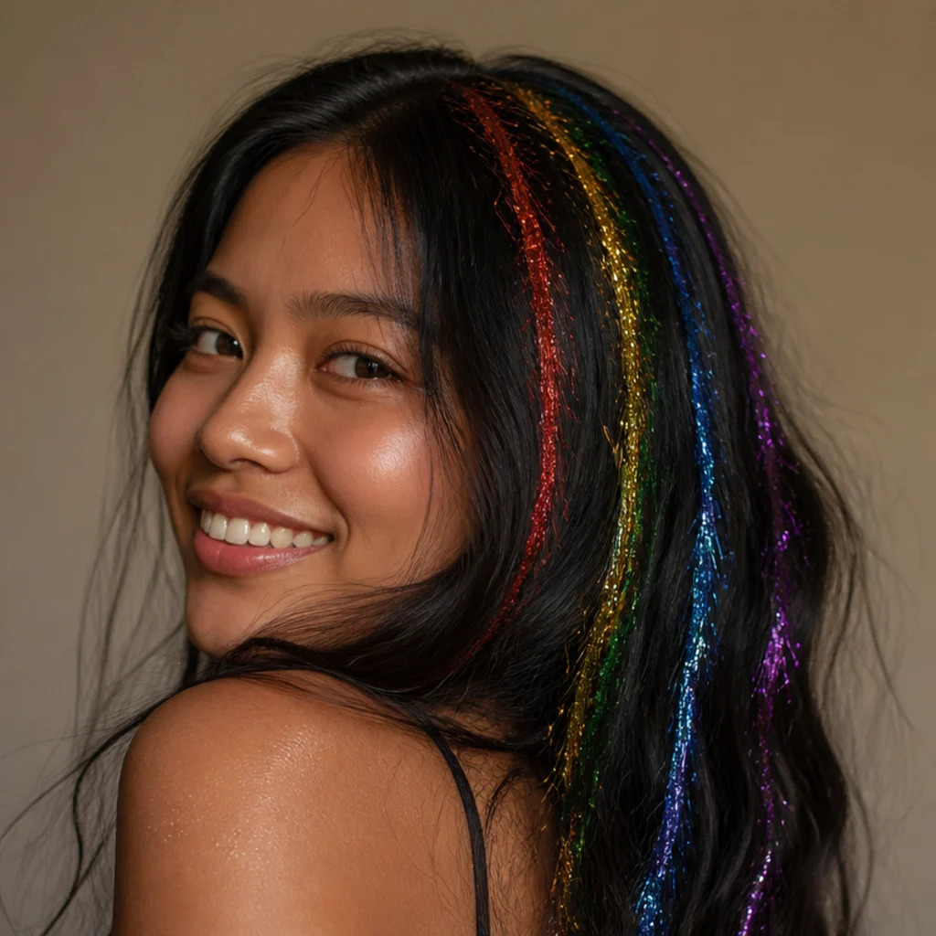 Three-quarter view of dark hair with a mix of rainbow-colored tinsel strands scattered throughout