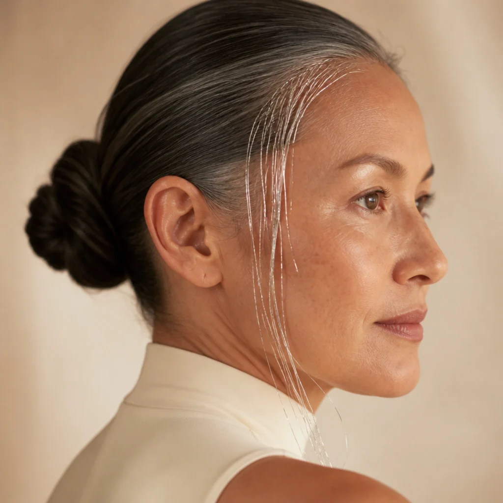 Side view of a model with a few tinsel strands placed along the front hairline to frame the face