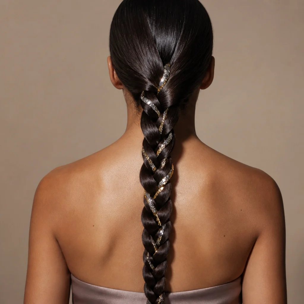 Back view of a single braid with tinsel strands woven along its length catching light