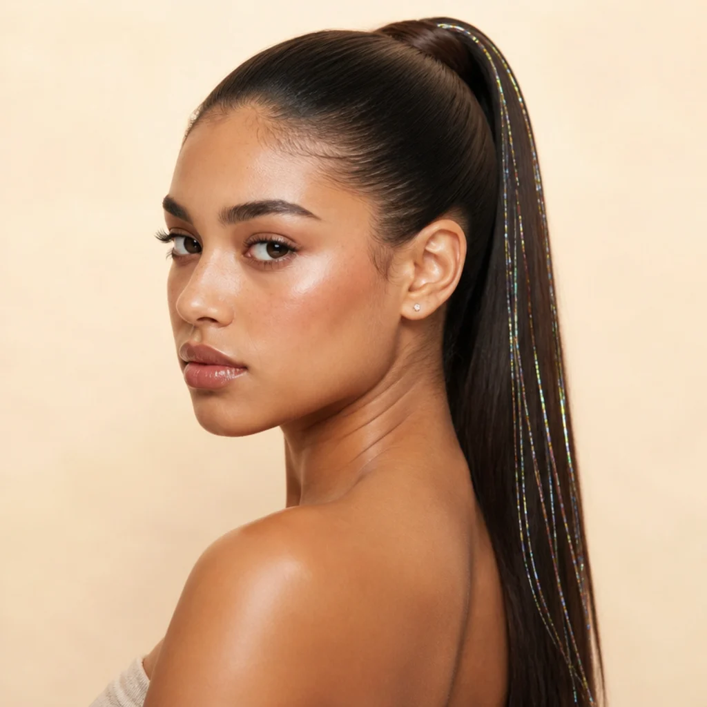 Three-quarter view of a sleek high ponytail with tinsel strands running through the length