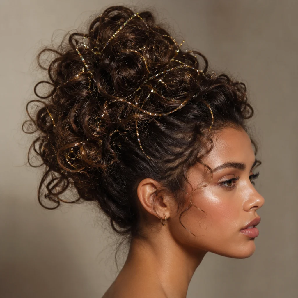 Side view of a voluminous curly updo with tinsel strands peeking through the texture