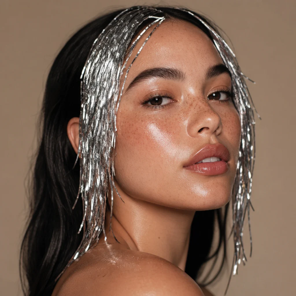 Three-quarter view of two bold clusters of tinsel framing the face like a money-piece highlight