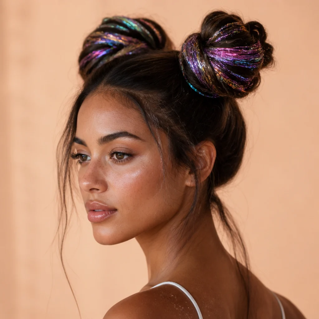 Side view of two space buns with tinsel strands wrapped around and through each bun