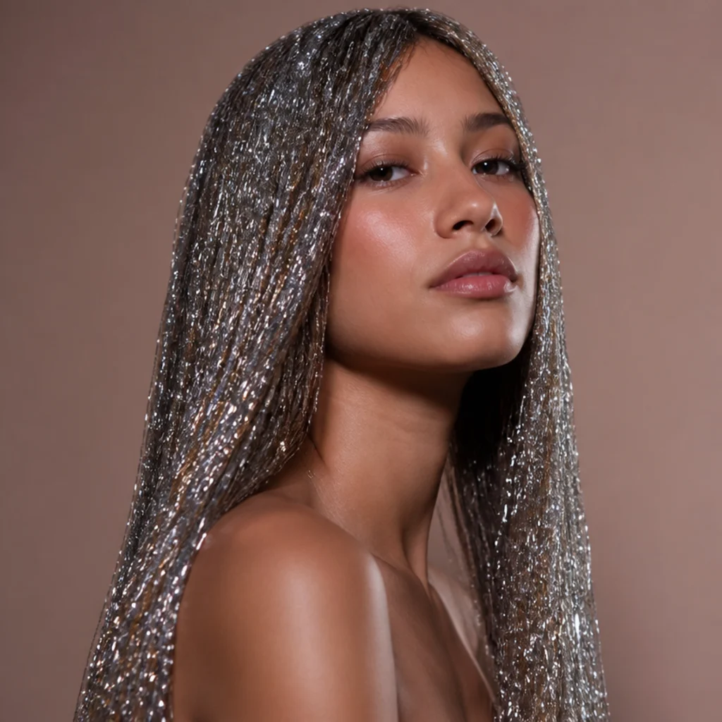 Three-quarter view of long hair packed densely with tinsel for a full, high-shine glam effect