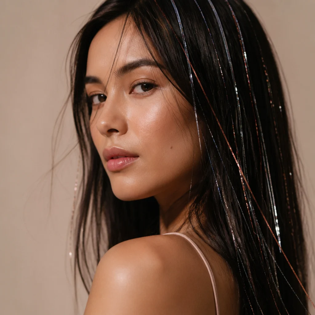 Three-quarter view of a model with dark hair threaded with fine silver and rose-gold tinsel catching soft studio light