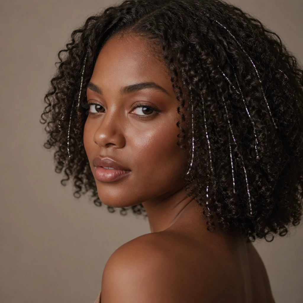 Black woman with loose defined 3C coils and scattered fine silver tinsel strands catching studio light at a three-quarter angle