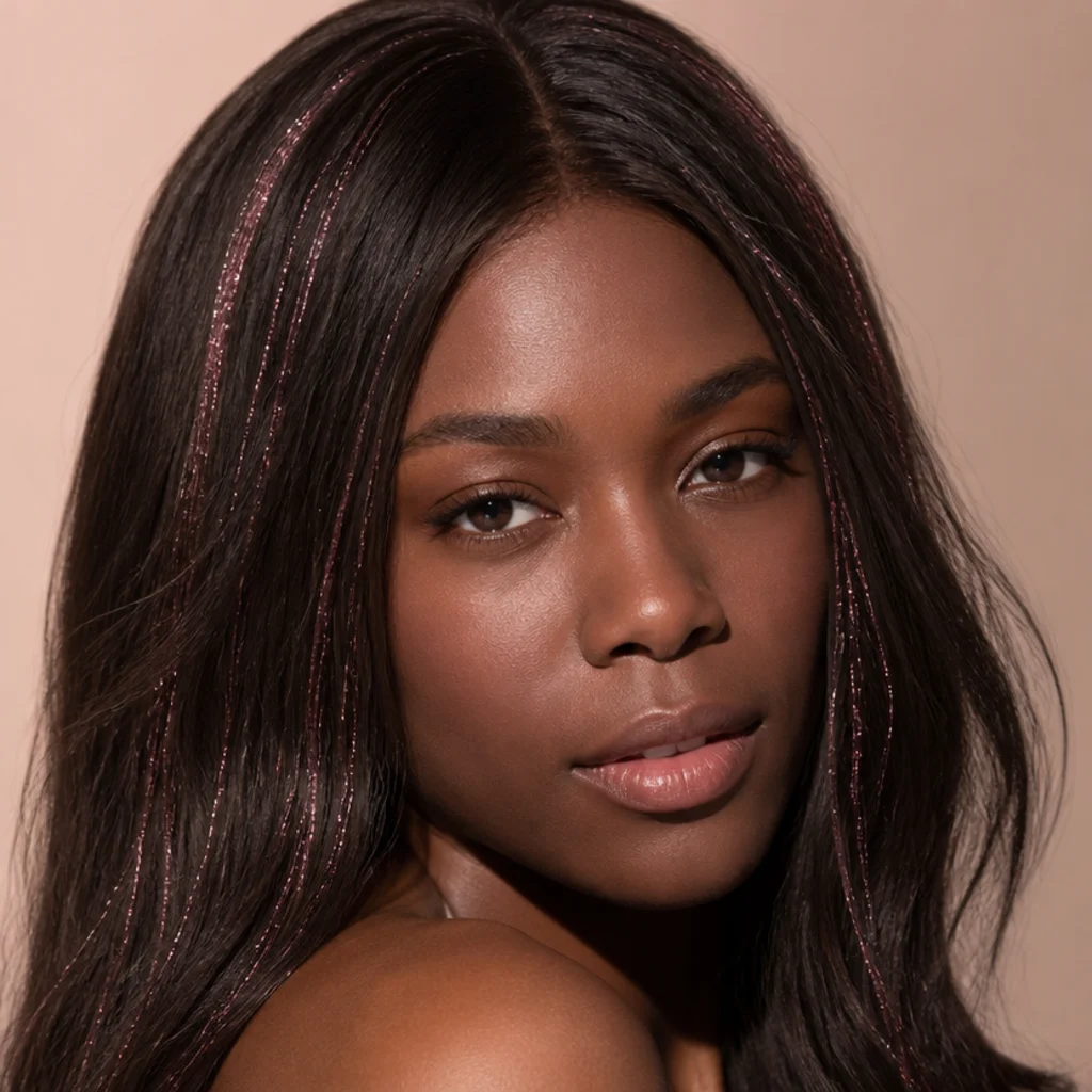 Black woman with dark hair and warm rose-gold and pink tinsel strands framing her face against a soft blush studio background
