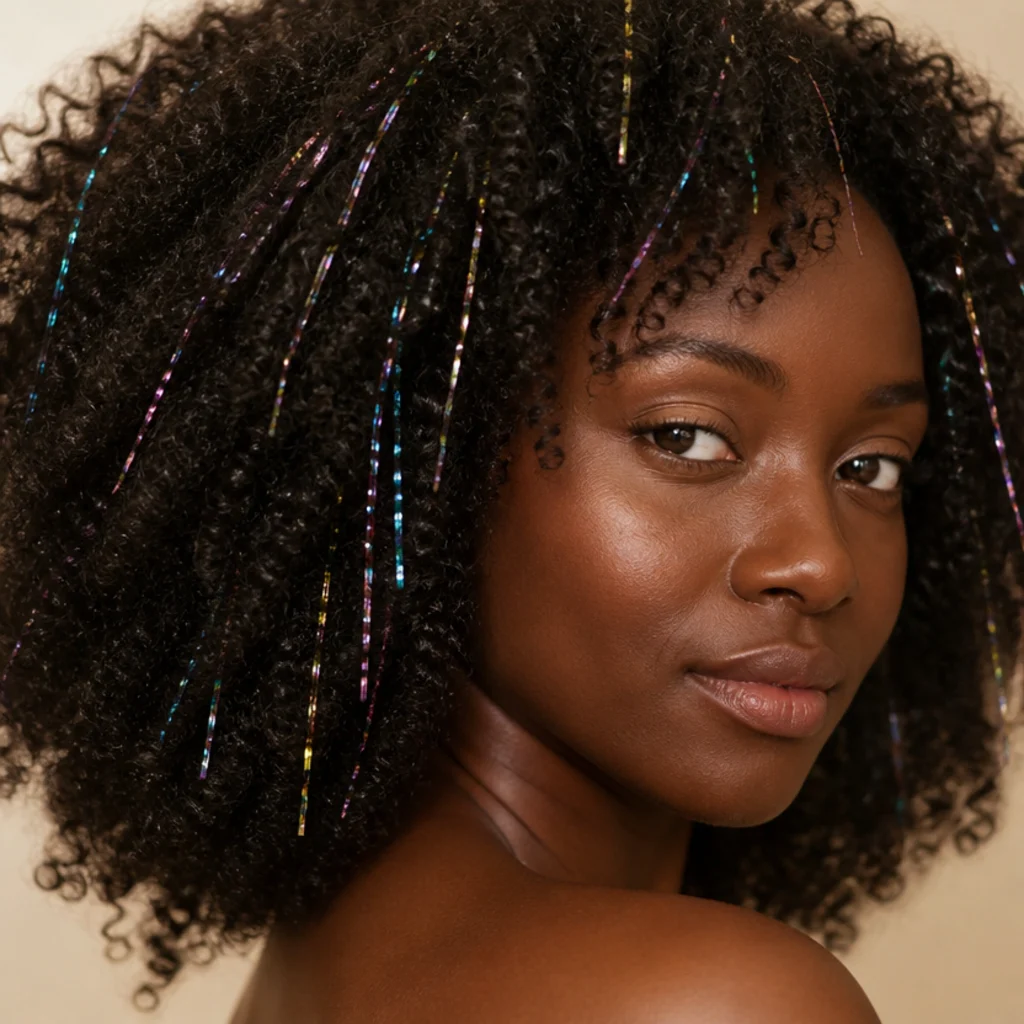 Black woman with coily hair and multicolored iridescent tinsel strands shifting between pink, blue, and gold in a three-quarter portrait