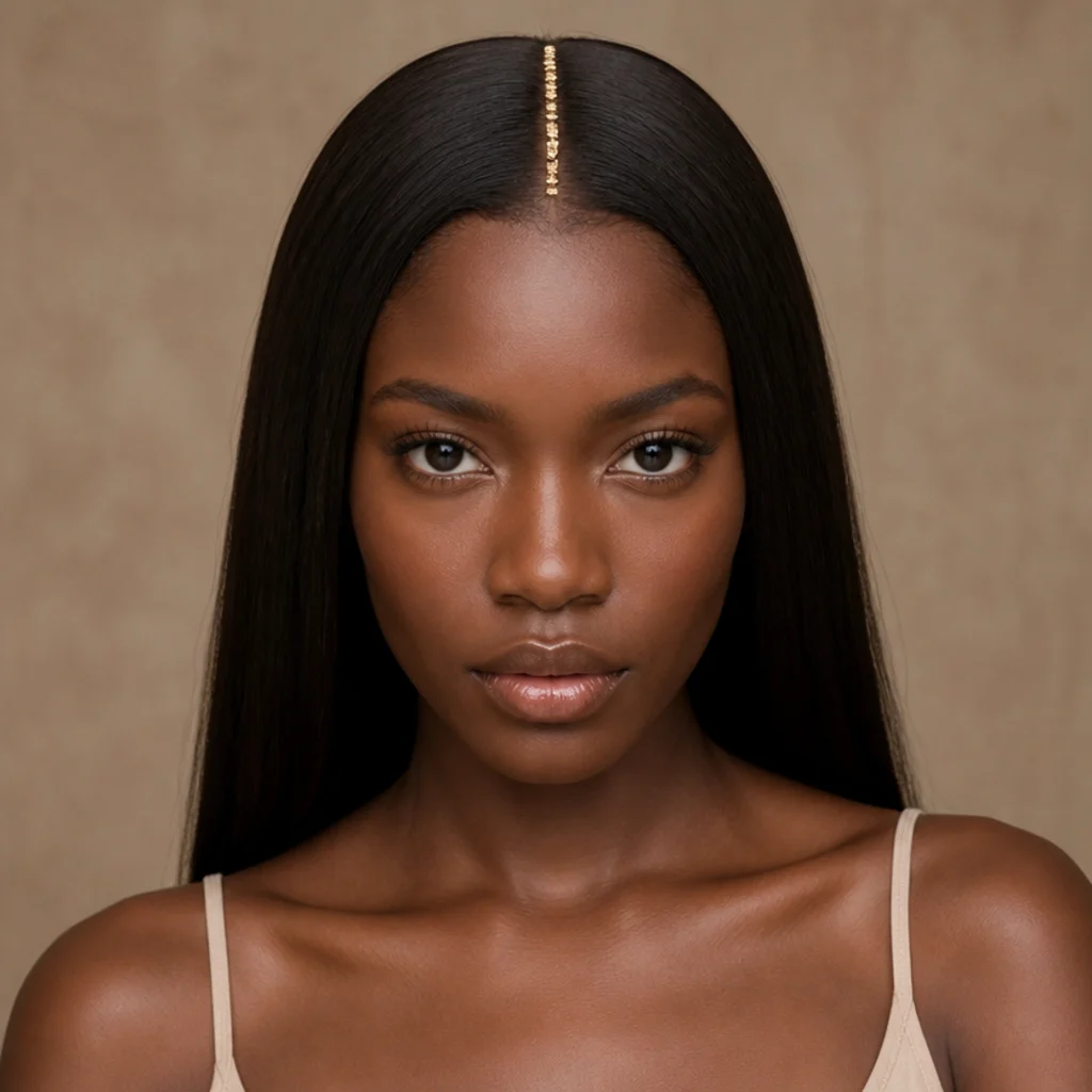 Black woman with silk-pressed dark hair and a clean center part lined with fine gold tinsel strands, front-facing studio shot