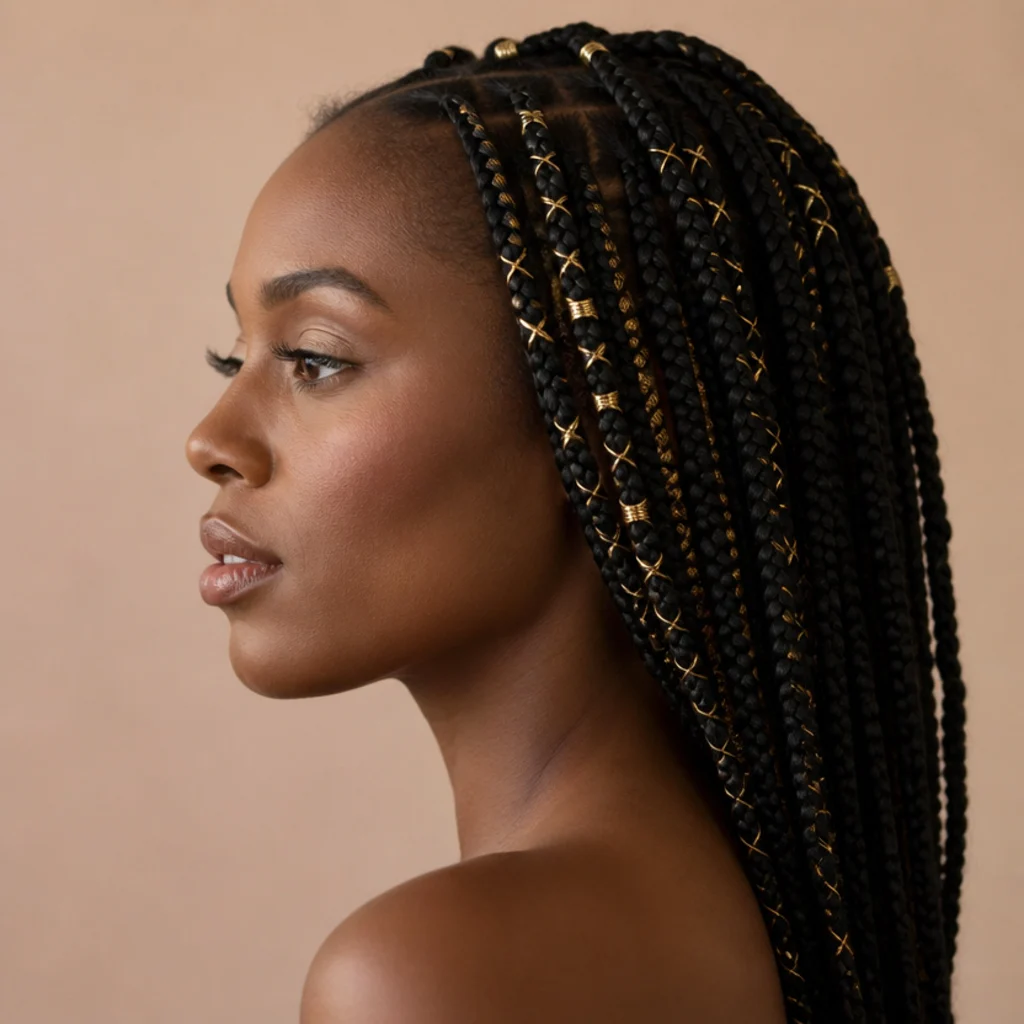 Black woman with long box braids interwoven with gold tinsel strands, side profile showing braids draped over the shoulder