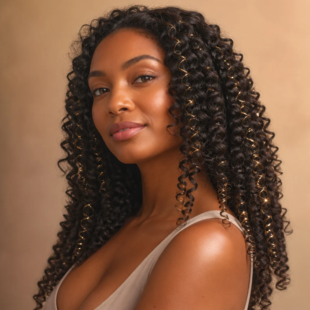 Black woman with springy defined ringlets and curly hair tinsel strands woven through the curls at a three-quarter studio angle