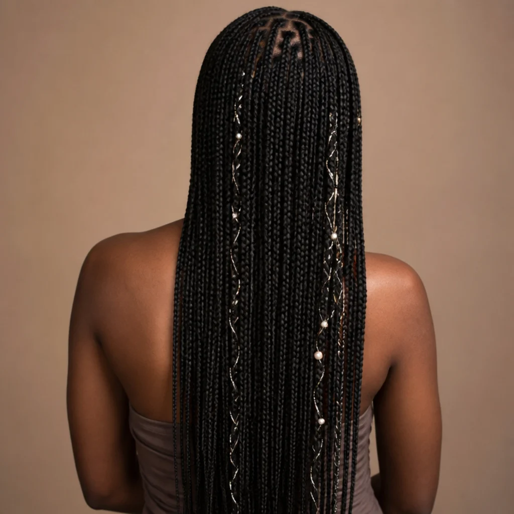 Black woman with long knotless braids and thin silver tinsel wrapped along a few braids, back view running down the spine