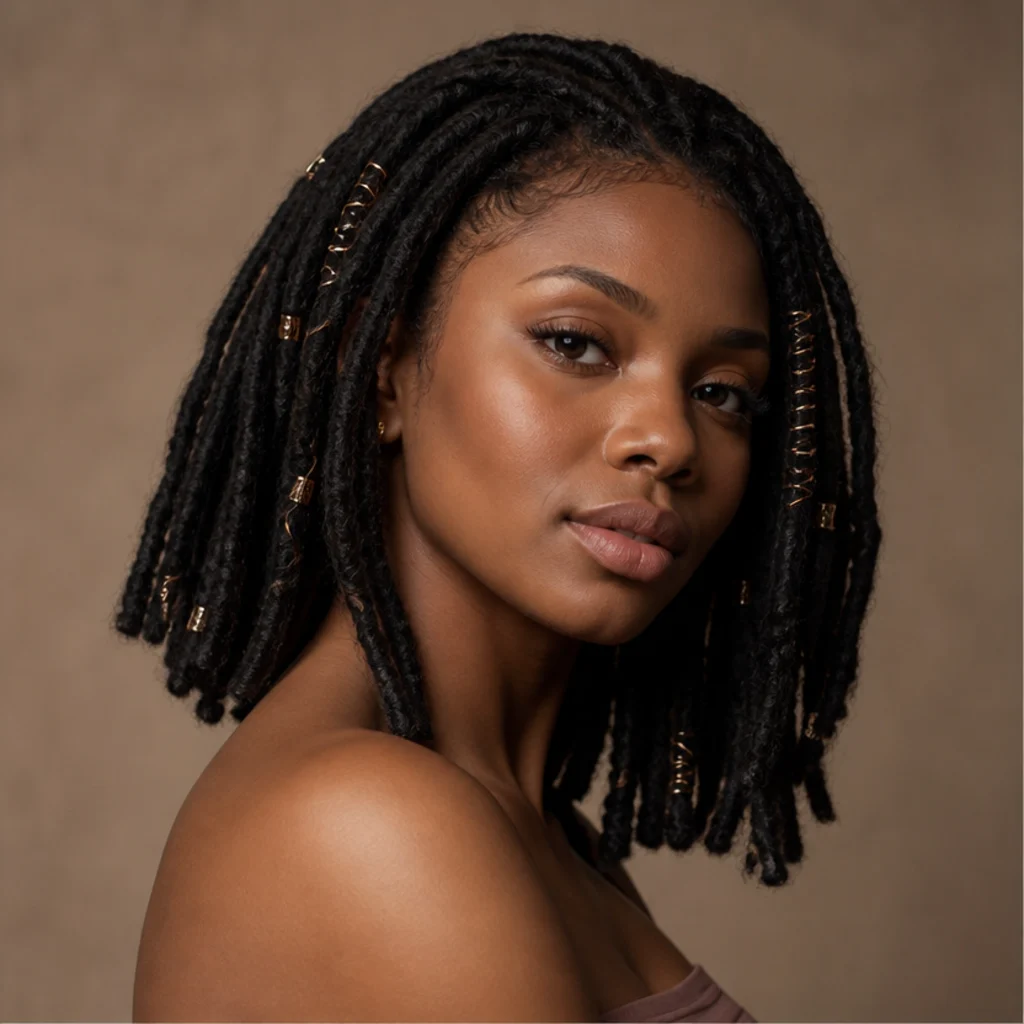 Black woman with shoulder-length faux locs accented by copper and gold tinsel strands, three-quarter portrait on a taupe backdrop