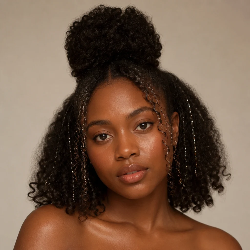 Black woman with a half-up puff and dark hair worn down, fine tinsel strands framing the face in a front studio portrait