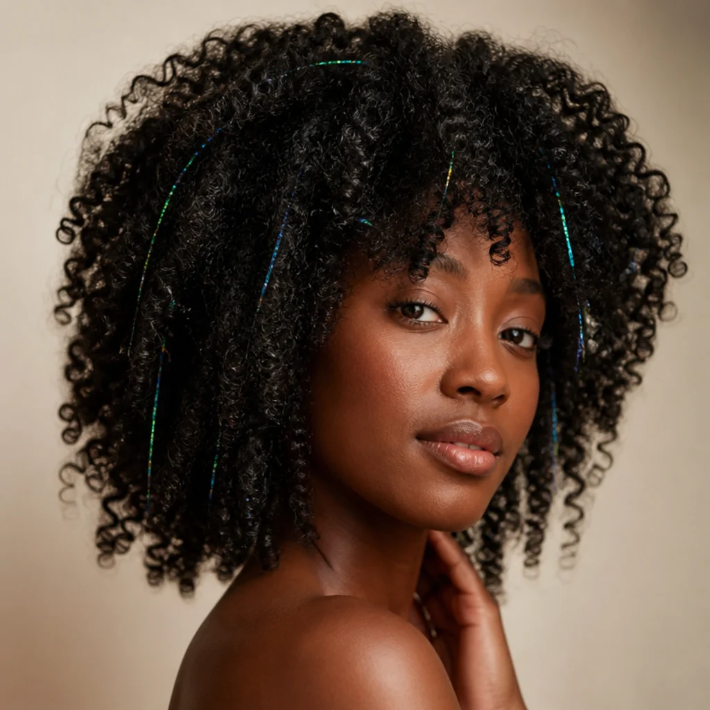 Black woman with dark coily hair and cool emerald and teal tinsel strands at a three-quarter angle against an ivory background