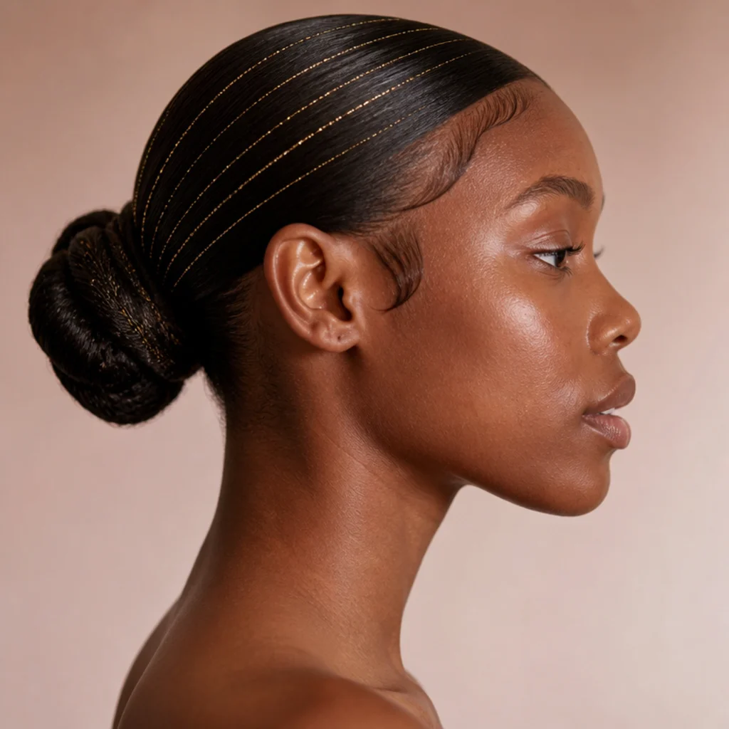 Black woman with a sleek low bun and laid edges, fine gold tinsel woven into the smoothed-back hair, side profile