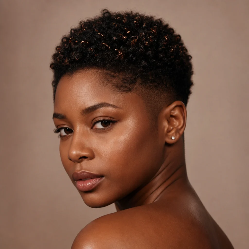 Black person with a short tapered cut and coily top, copper tinsel strands scattered through the crown in a three-quarter studio shot