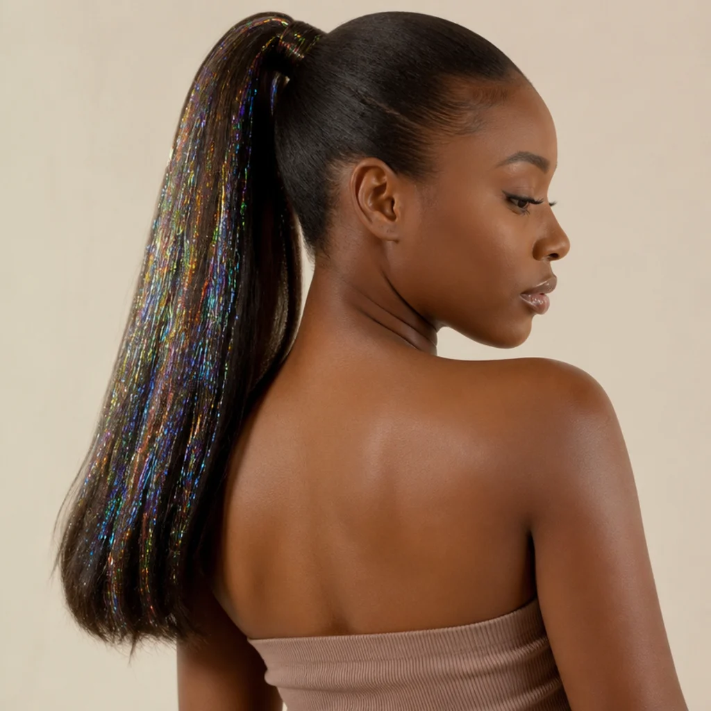 Black woman with a high sleek ponytail and holographic tinsel strands running through the length, back three-quarter view