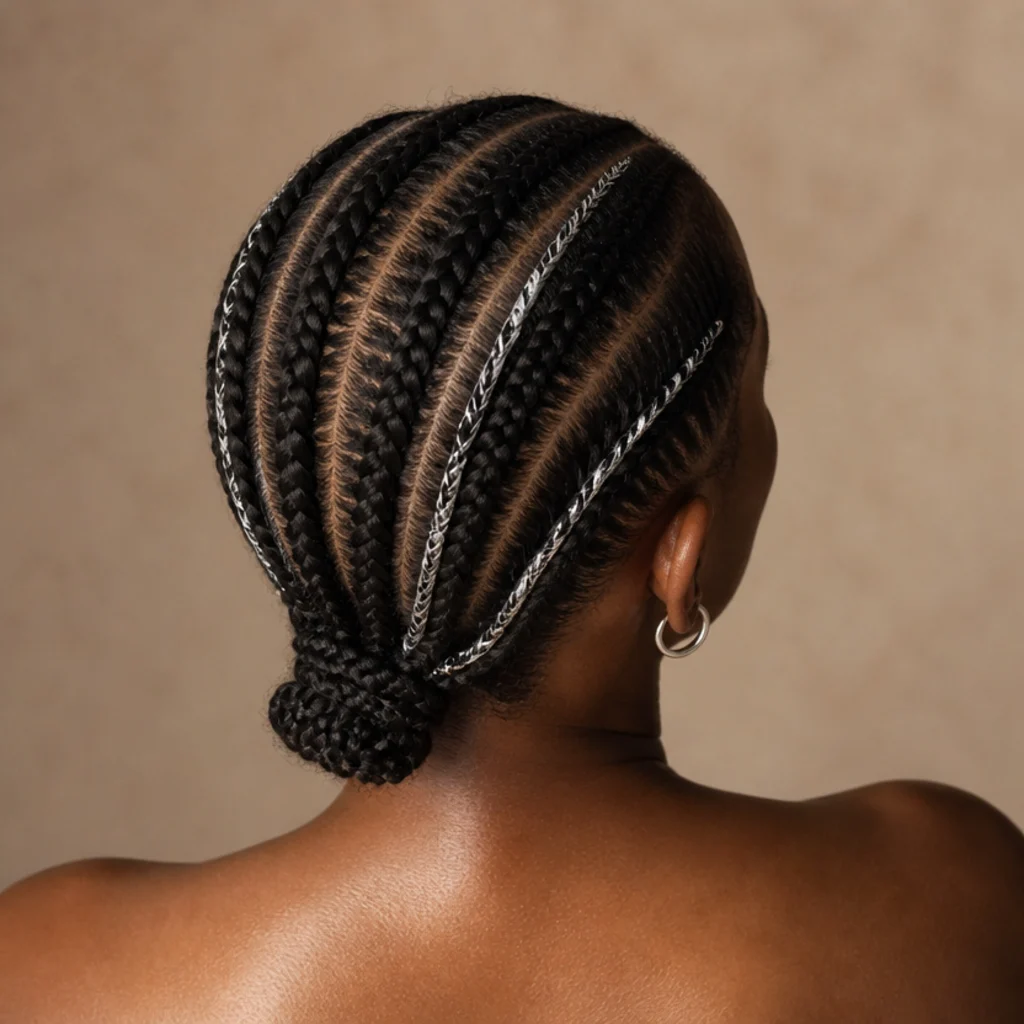Black woman with straight-back cornrows and thin silver tinsel threaded along the braid lines, top-down back view