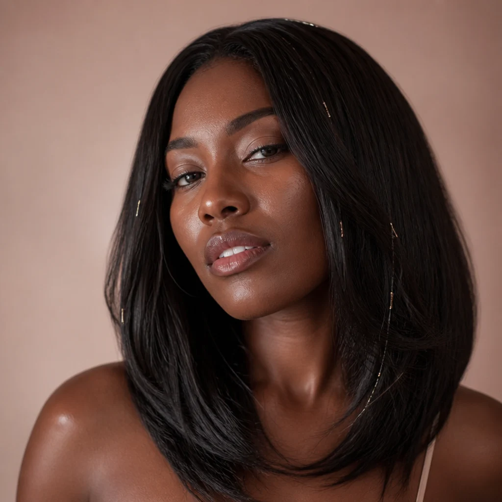 Black woman with a professional blowout and a handful of champagne tinsel strands, soft front studio portrait