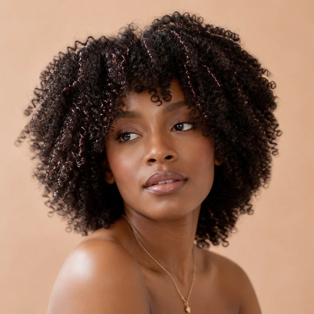 Black woman with a voluminous wash-and-go and pink tinsel strands scattered through the coils at a three-quarter angle