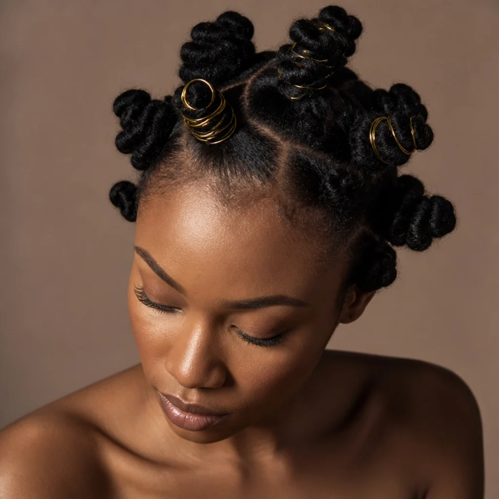 Black woman with sculpted bantu knots and gold tinsel wrapped around a few of the knots, top three-quarter studio view