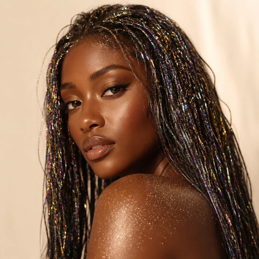 Black woman with dark hair packed with dense multicolored tinsel strands for a festival look, three-quarter portrait