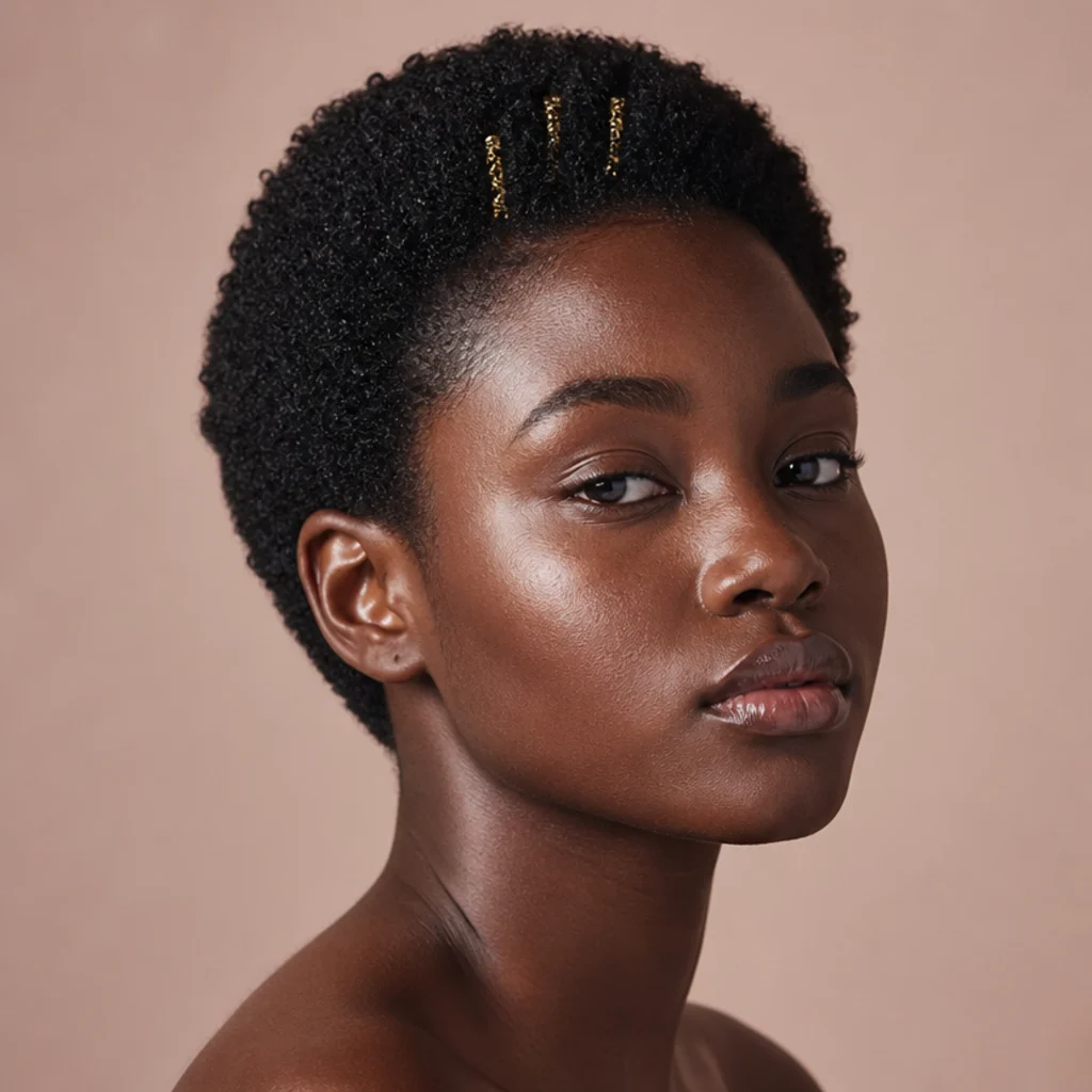 Black woman with a teeny weeny afro and a few gold tinsel strands catching light at the crown, close front portrait