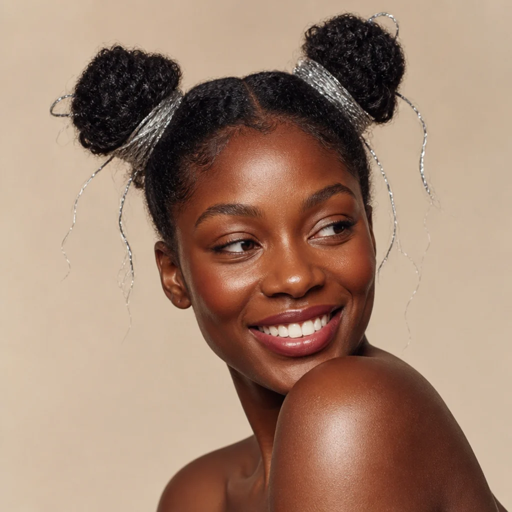 Black woman with two high space buns and silver tinsel wrapped around each bun, playful three-quarter studio shot