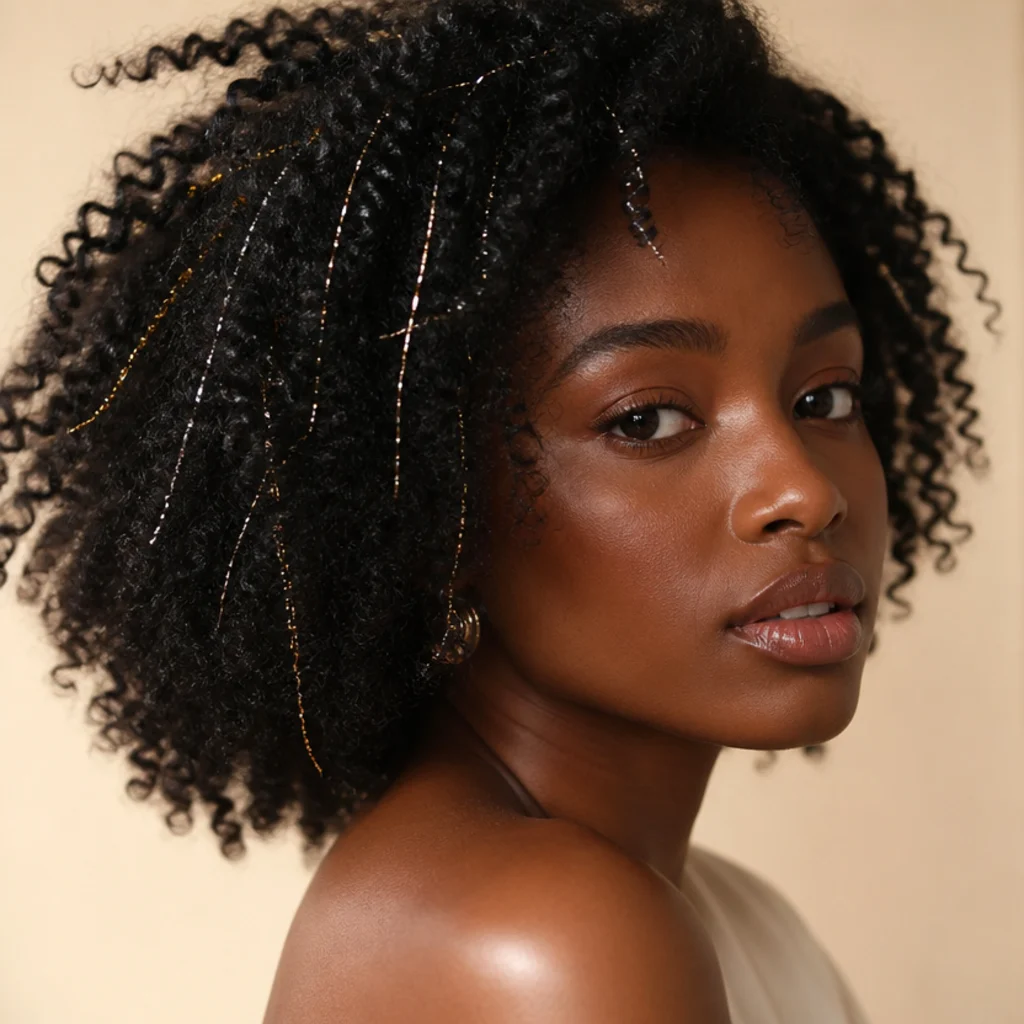 Black woman with dark coily hair threaded with shimmering silver and gold tinsel strands, three-quarter studio portrait