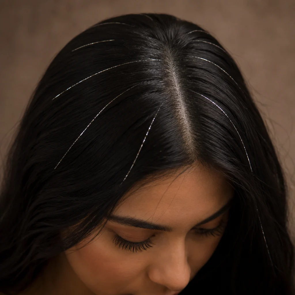 Overhead part view showing thin metallic tinsel strands scattered evenly across dark hair rather than bunched together