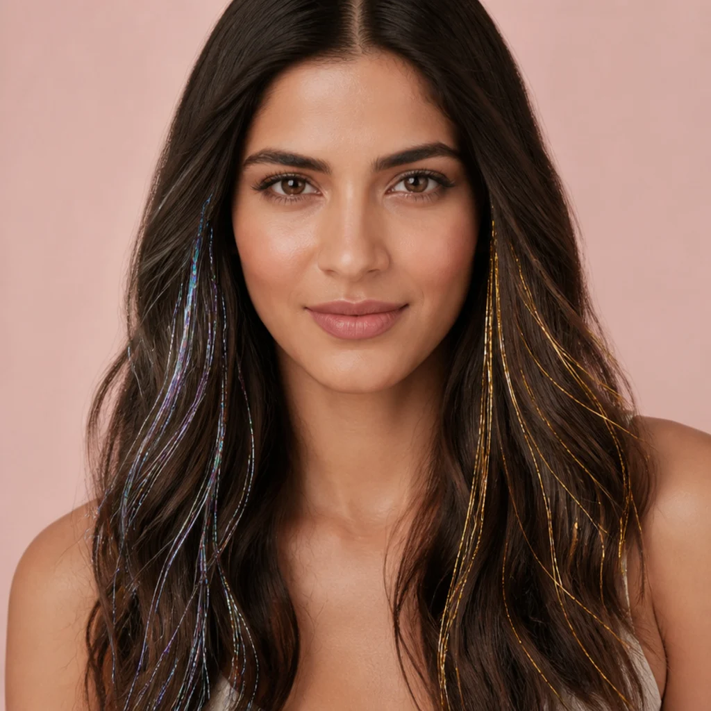 Side-by-side comparison of iridescent silver tinsel and warm gold tinsel against dark brown hair in soft studio light