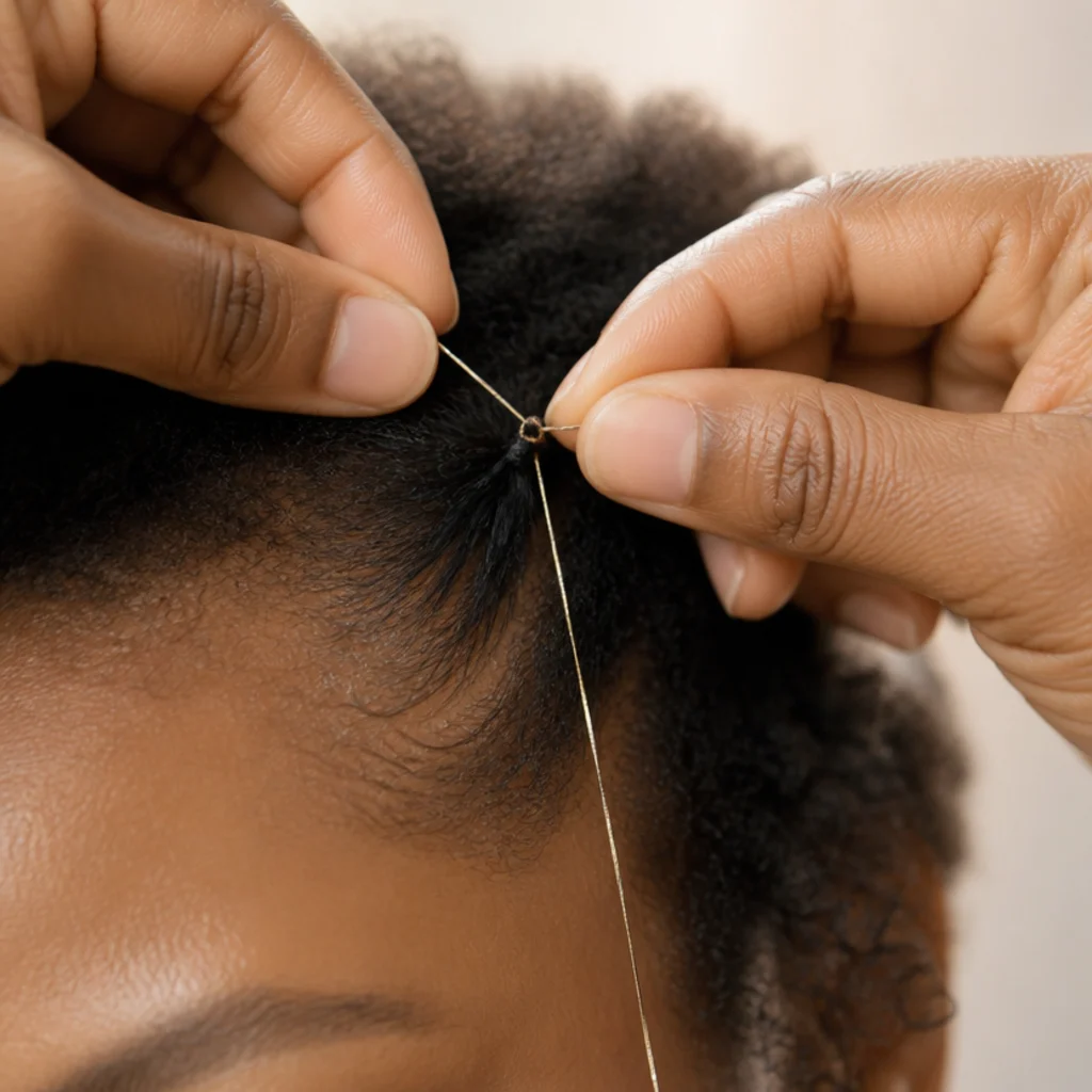 Close-up of fingers securing a single tinsel strand with a small knot at the root of a section of dark hair