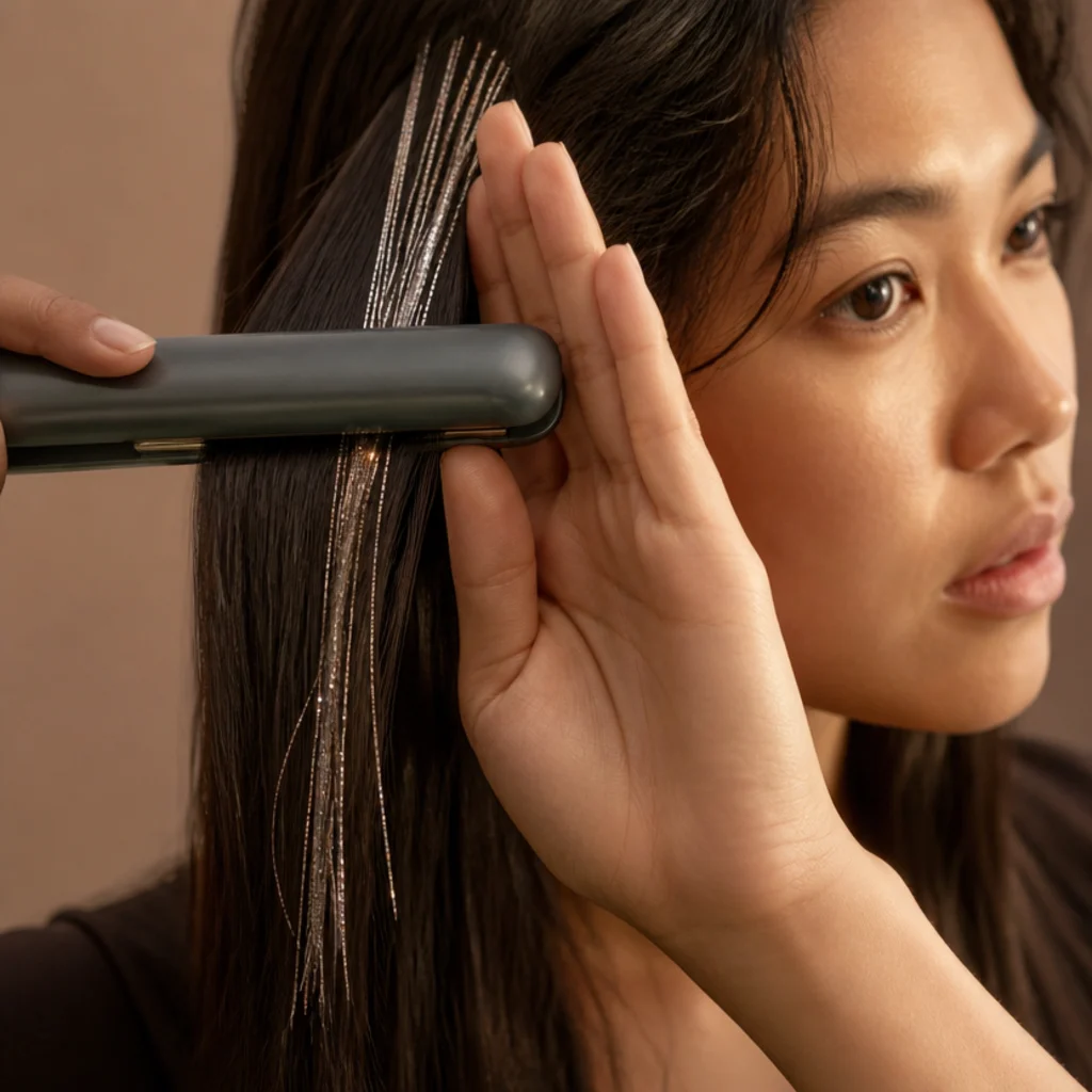 Close-up of a flat iron passing beside tinsel strands while a hand shields them from direct contact on dark hair