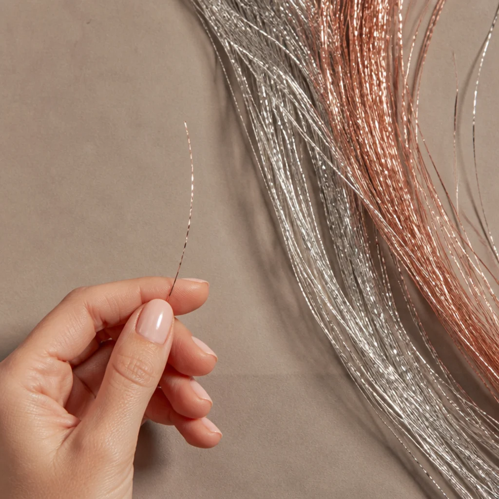 Flat-lay of shimmer tinsel strands in silver and rose gold beside a hand holding a single fine fairy-hair filament for scale