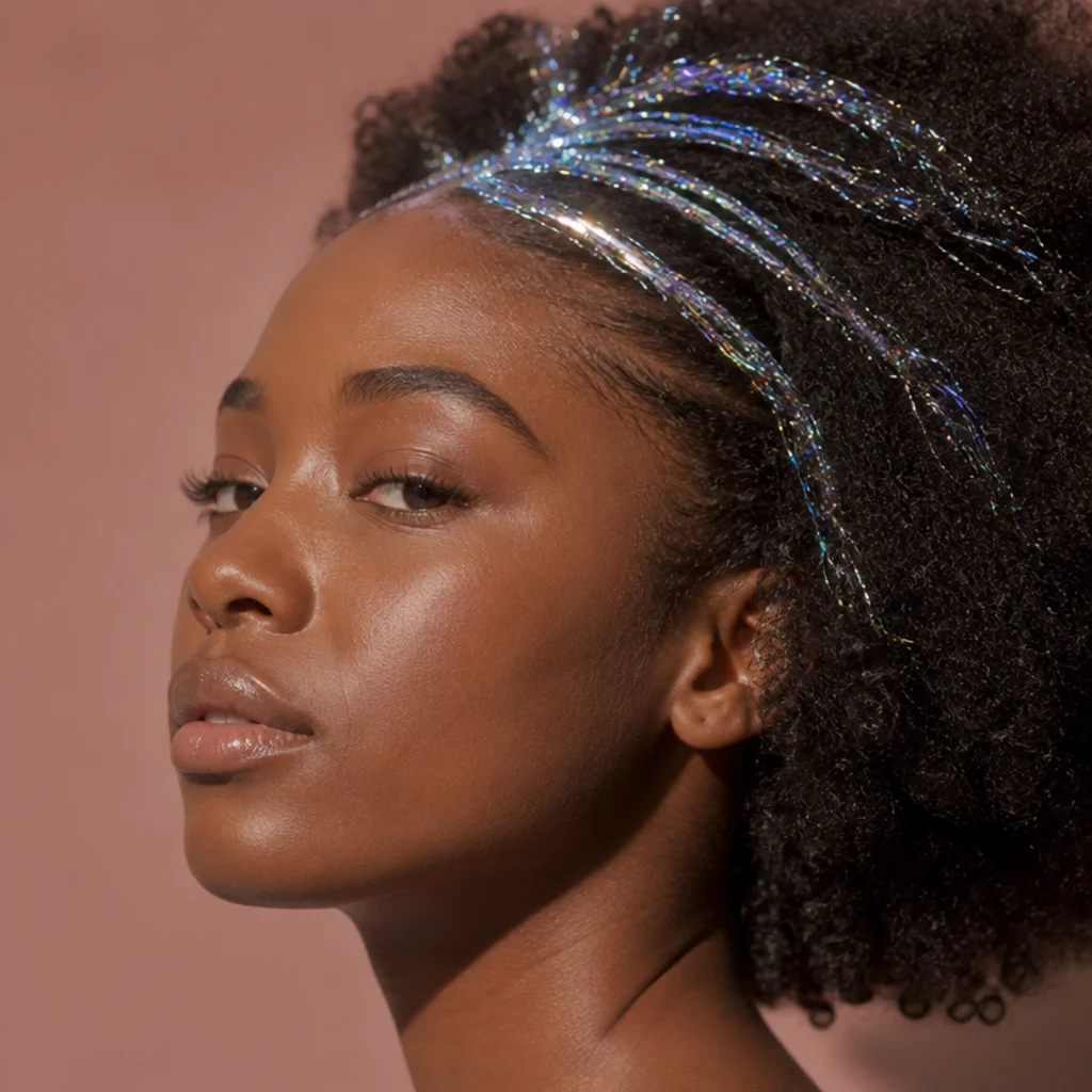 Model with deep black coily hair showing crisp iridescent silver and blue tinsel strands catching studio light at a side angle
