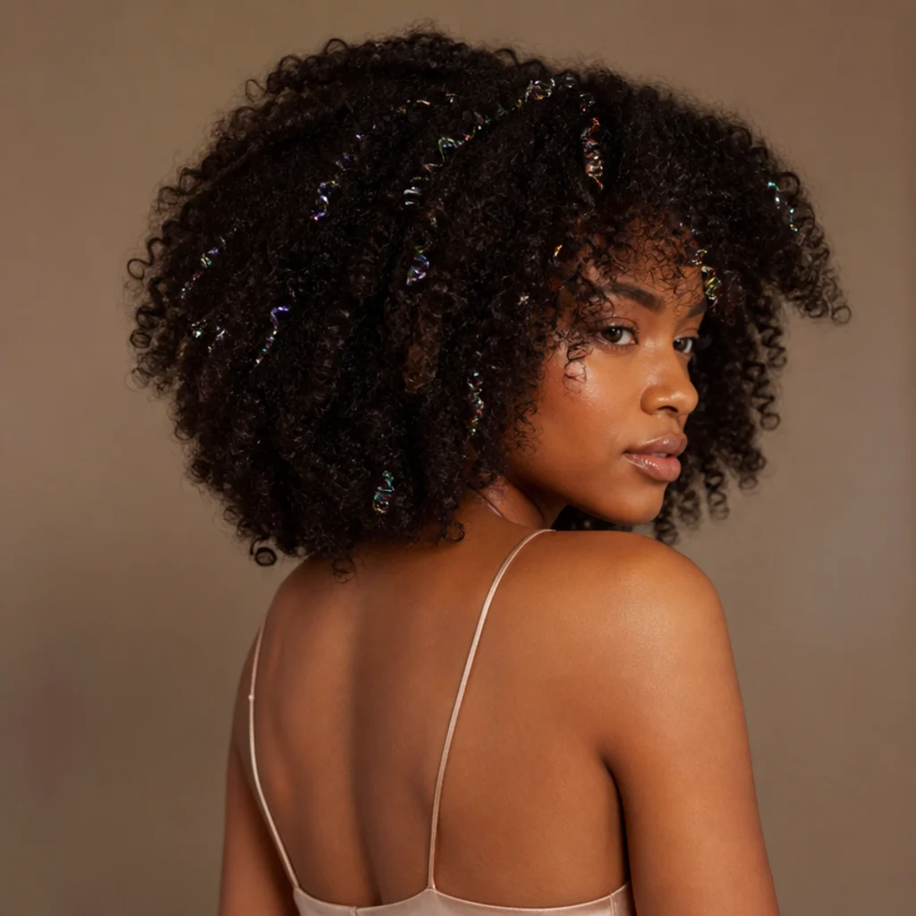 Model with voluminous 3C curls showing scattered iridescent strands winding along individual coils, back three-quarter view