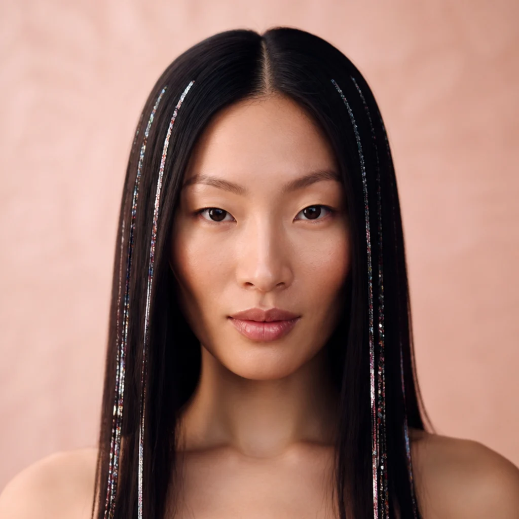 Model with straight jet-black hair parted center, clean vertical tinsel strands running from crown to mid-length
