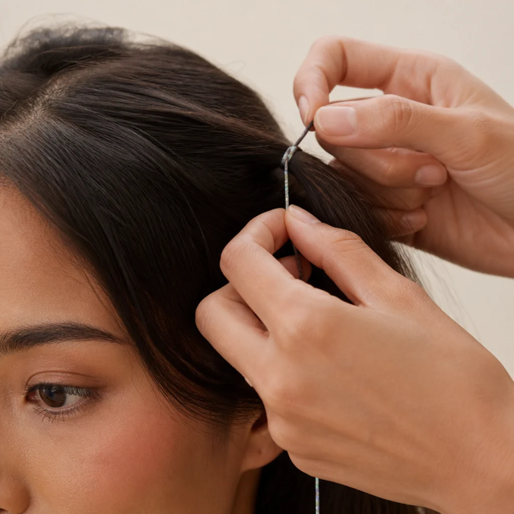 Stylist's hands tying a single tinsel strand around a small section of hair near the root in a secure double knot, macro detail