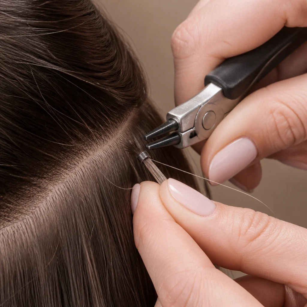 Close-up of a micro-bead being crimped over a fairy-hair strand and a natural hair section using a small looping tool