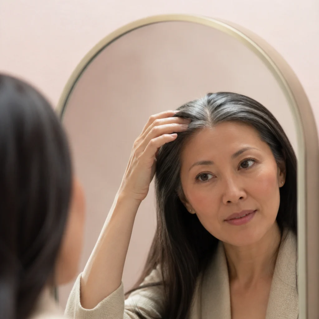 Model checking hair length in a mirror, a few tinsel strands visible sitting lower on the shaft after several weeks of grow-out
