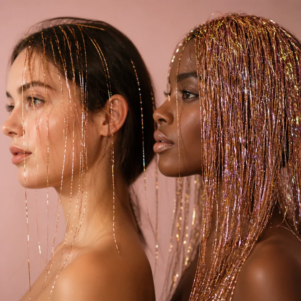 Two side-by-side model profiles, one with a light scatter of strands and one with a dense sparkling install, on a blush studio backdrop