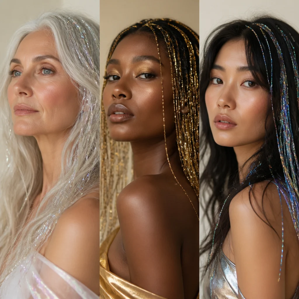 Mood collage of tinsel styling in mermaid iridescent, warm gold goddess, and cool holographic looks on three different models