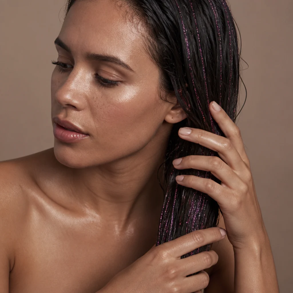 Model gently finger-combing damp hair in soft light, tinsel strands intact, working from the ends up to avoid the roots
