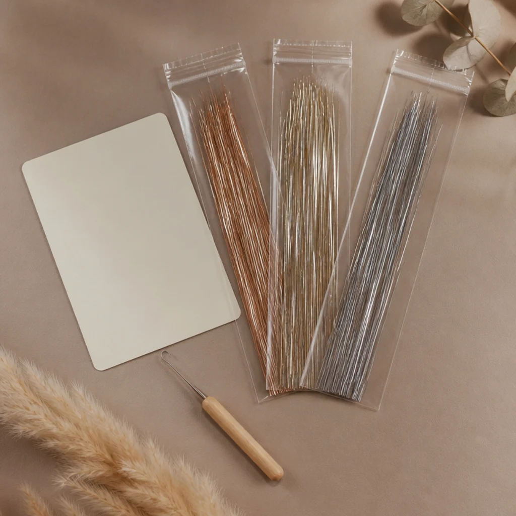 Flat-lay of an at-home tinsel kit with strand packs and a small threading tool beside a salon service card on a neutral backdrop