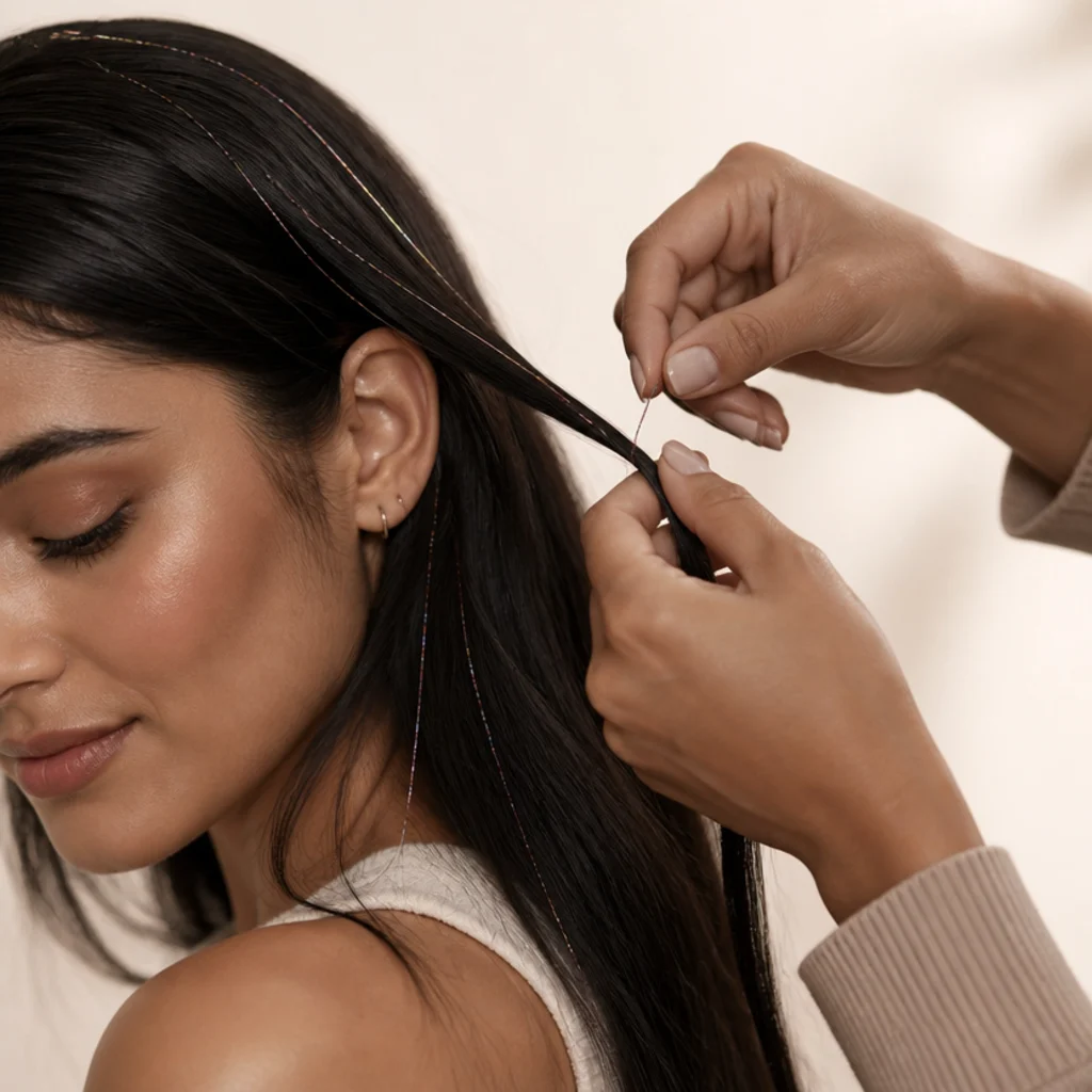 Stylist gently sliding a tinsel strand out of a hair section with no tension, close macro on healthy shiny hair