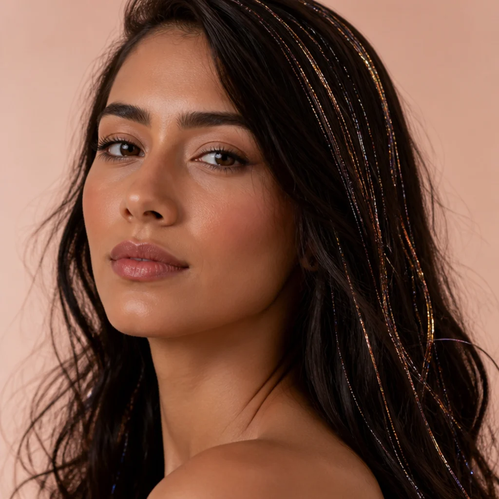 Model with dark hair showing tinsel strands beside a soft fairy-hair look, three-quarter studio angle on blush background