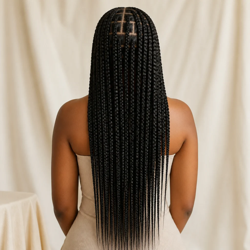 Black woman from the back wearing sleek waist-length jet-black jumbo box braids with a clean square-grid part