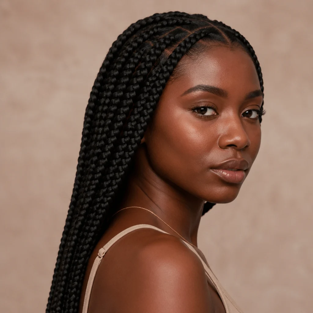 Three-quarter side view of a woman with mid-back jumbo knotless box braids lying flat and smooth against the scalp